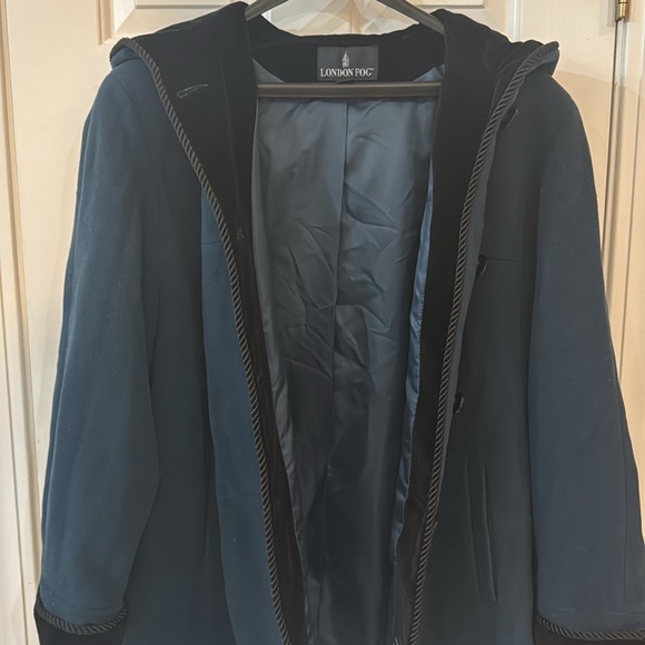 London Fog Teal Green Jacket Velvet Cuffs Cloaked Hood XL Classic Wool Coat - Picture 1 of 13